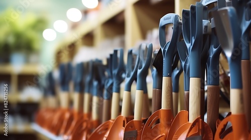 Abstract blurred variety of shovels and gardening tools at home improvement store in America,Defocused background of accessories at garden center department