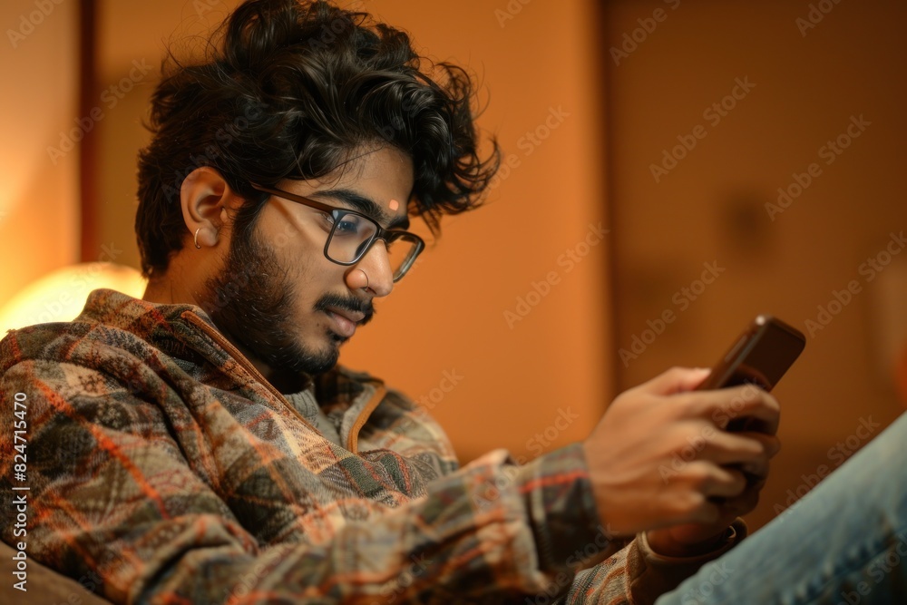 Young man using a smartphone at home Young man using a smartphone at home