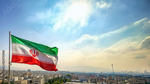 iran flag with housing background with clear sky with empty space photo