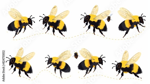Bee flying on a dotted route with white background. Modern illustration.