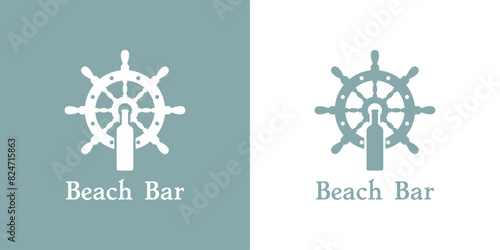 Logo beach bar. Silueta de botella de vino o bebida alcohólica con rueda de timón de barco