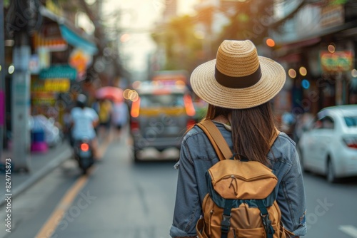 Tourist in Bangkok: Young Asian Woman Backpacker Exploring the Streets with Hat
