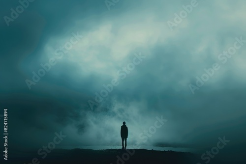 A person standing on a hill under a cloudy sky. Suitable for various outdoor themes #824715894