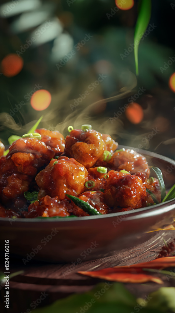Stunning capture of Gobi Manchurian, showcasing vibrant colors and detailed manchurian balls falling into the pan Stunning capture of Gobi Manchurian, showcasing vibrant colors and detailed manchurian balls falling into the pan