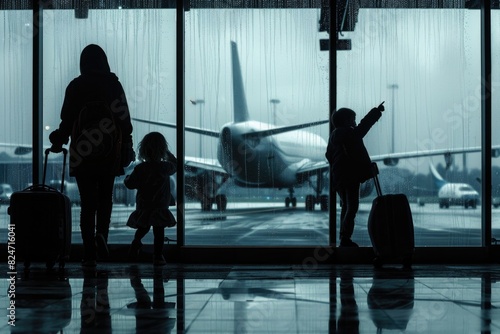 Travelling. Family Vacation at Airport with Children, Aeroplanes, and Luggage. International Air Travel Concept