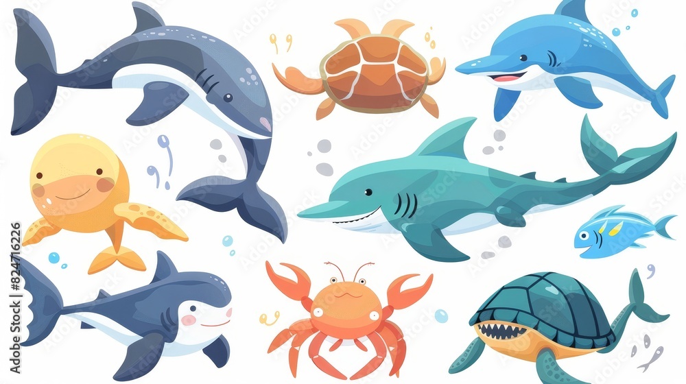 Animals from the sea world are isolated on white background. Dolphins, sharks, ocean crabs, sea turtles, shrimps. Flat cartoon illustration.