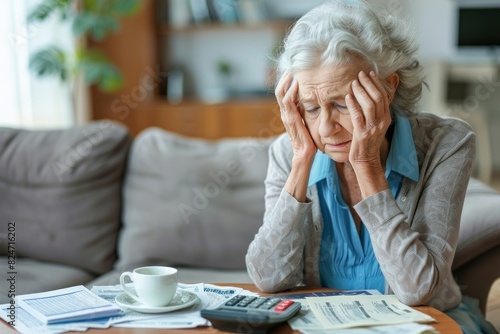 Depressed senior woman sitting on the couch at home about  her financial. photo