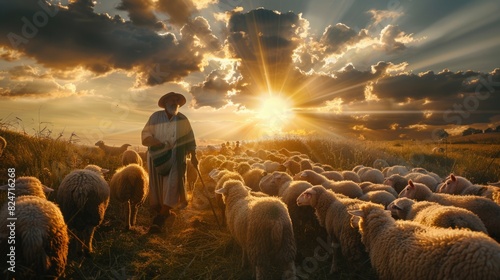 A man standing in front of a herd of sheep. Suitable for agriculture concepts © Fotograf