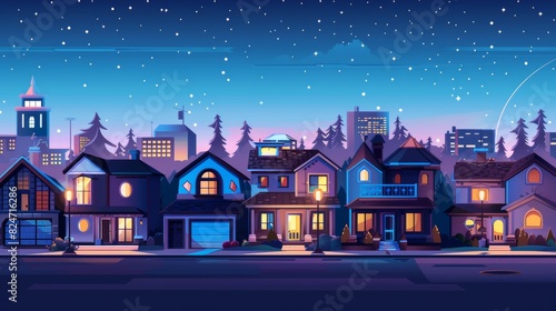 In a nighttime urban or suburban neighborhood, houses with lights, late evening or midnight. Modern houses with garages, trees and driveways. Suburban village scene with cottage buildings and street