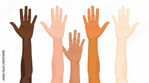 Hands up vector illustration with different skin color.