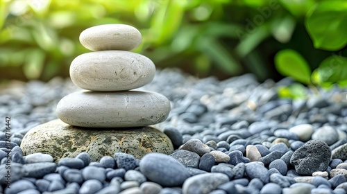 A stack of zen stones balanced in a peaceful garden setting  symbolizing harmony and balance. 
