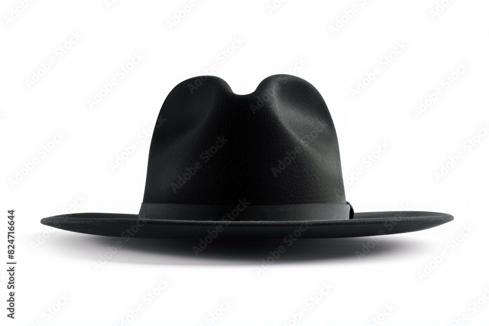 Elegant black fedora hat isolated on a pure white backdrop, showcasing its sleek design Elegant black fedora hat isolated on a pure white backdrop, showcasing its sleek design