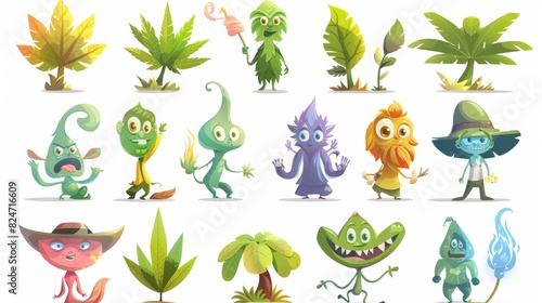 Set of Cartoon Marijuana Leaf Characters. Isolated on White Background.