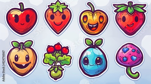 This sticker pack contains funny cartoon characters. Illustrations include comic hearts  patches  earth  berries  and abstract faces.