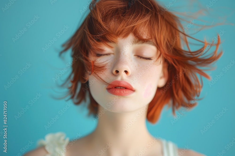 cute girl with red bob hair, bangs and closed eyes smiling on blue background cute girl with red bob hair, bangs and closed eyes smiling on blue background