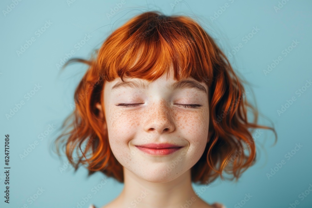 cute girl with red bob hair, bangs and closed eyes smiling on blue background cute girl with red bob hair, bangs and closed eyes smiling on blue background