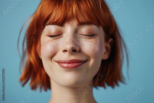 cute girl with red bob hair, bangs and closed eyes smiling on blue background photo