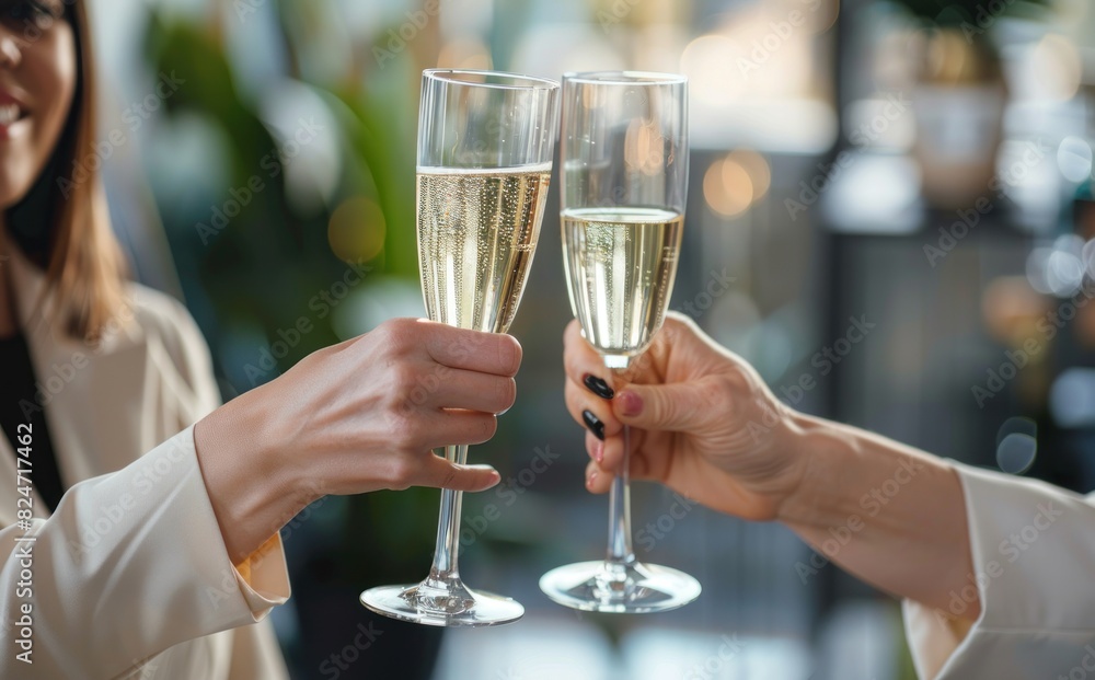 Close up of two business women clinking champagne glasses in an office Close up of two business women clinking champagne glasses in an office