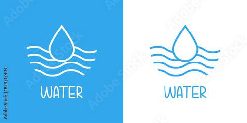 Logo con palabra Water y gota de agua con olas de mar con líneas 