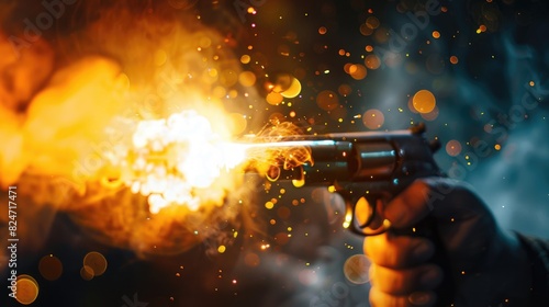 A person holding a gun with a fiery background. Suitable for illustrating danger and crime scenes photo