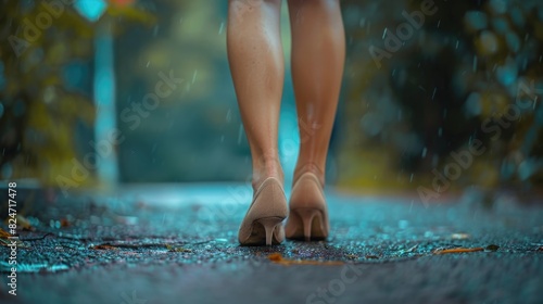 A woman walking in the rain with her shoes on. Suitable for weather or urban lifestyle concepts