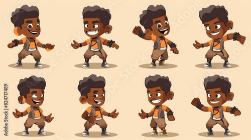 A cartoon black kid doing different activities. A mascot boy in various poses and emotions.