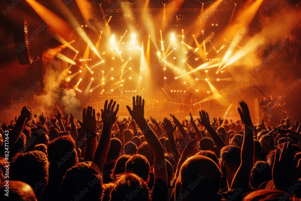 Crowd cheering and clapping at concert or live show, stage light background with copy space for text stock Crowd cheering and clapping at concert or live show, stage light background with copy space for text stock