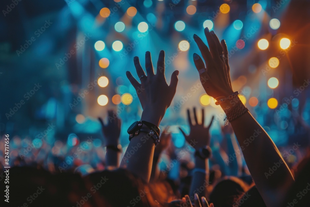 Obraz premium Crowd cheering and clapping at concert or live show, stage light background with copy space for text stock