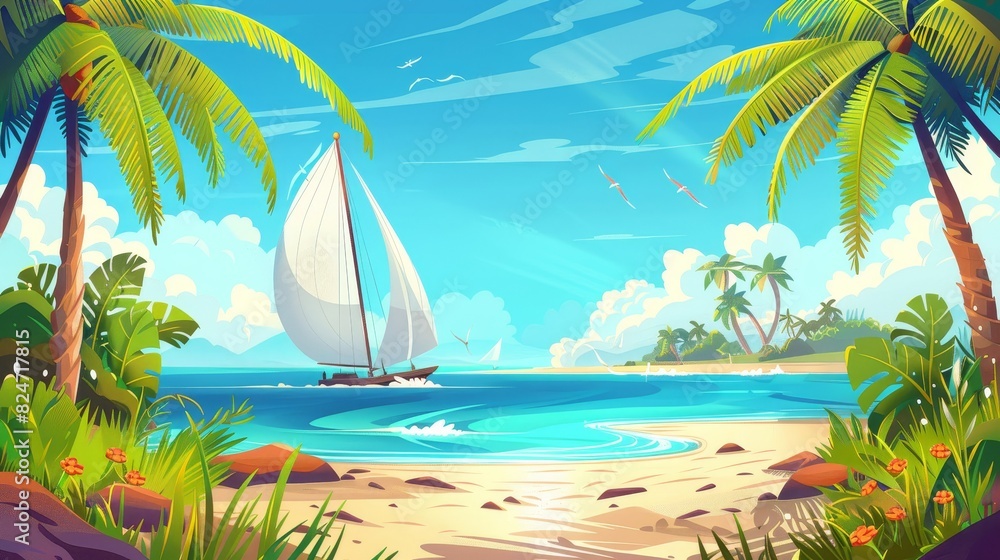 Beach landscape with sailboat and palm trees on the seashore. Cartoon concept for summer vacations