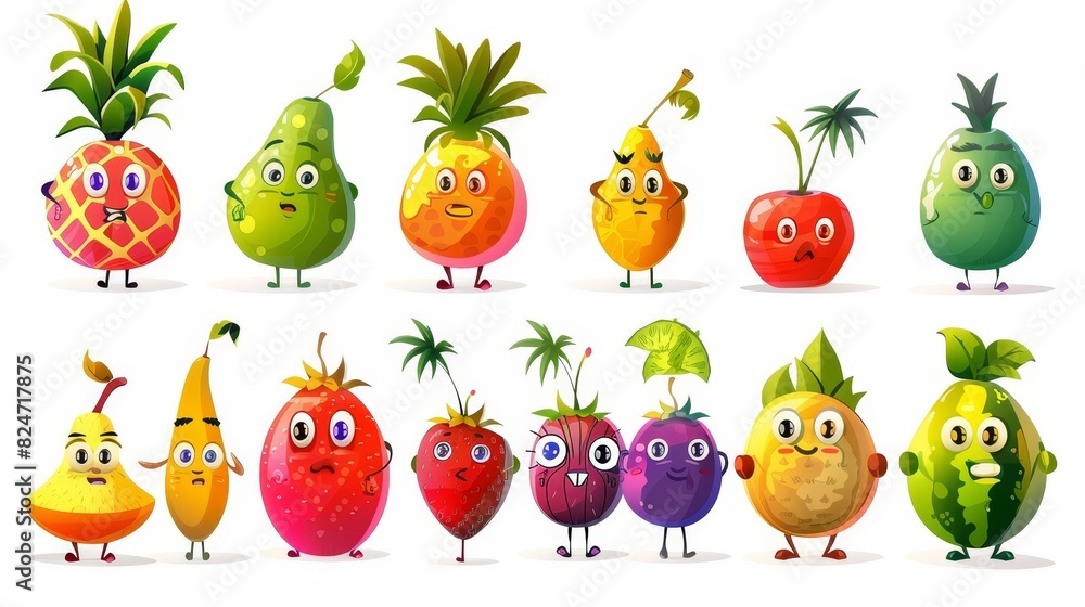 Colorful cartoon fruits isolated on white background. Modern flat illustration. Colorful cartoon fruits isolated on white background. Modern flat illustration.