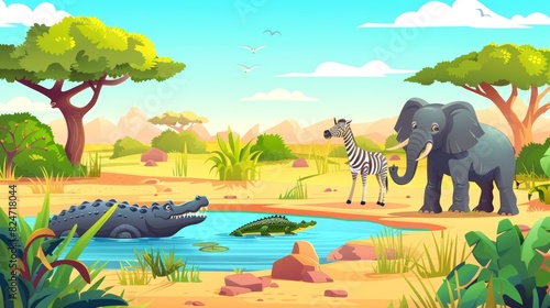 Modern cartoon illustration of savanna landscape with wild animals, hippo, elephant, zebra, crocodile and waterhole. Savanna landscape with sand, plants, waterhole and wild animals.