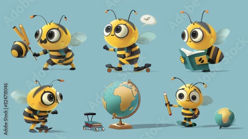 Bee cartoon series in different poses and activities, skateboarding, holding pencils, books, globes, and blackboards.