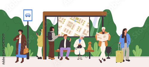 People are at the modern bus stop with bench. Old and young commuter waiting urban public transport, city mass transit. Crowd of passengers stands with newspapers, phones. Flat vector illustration