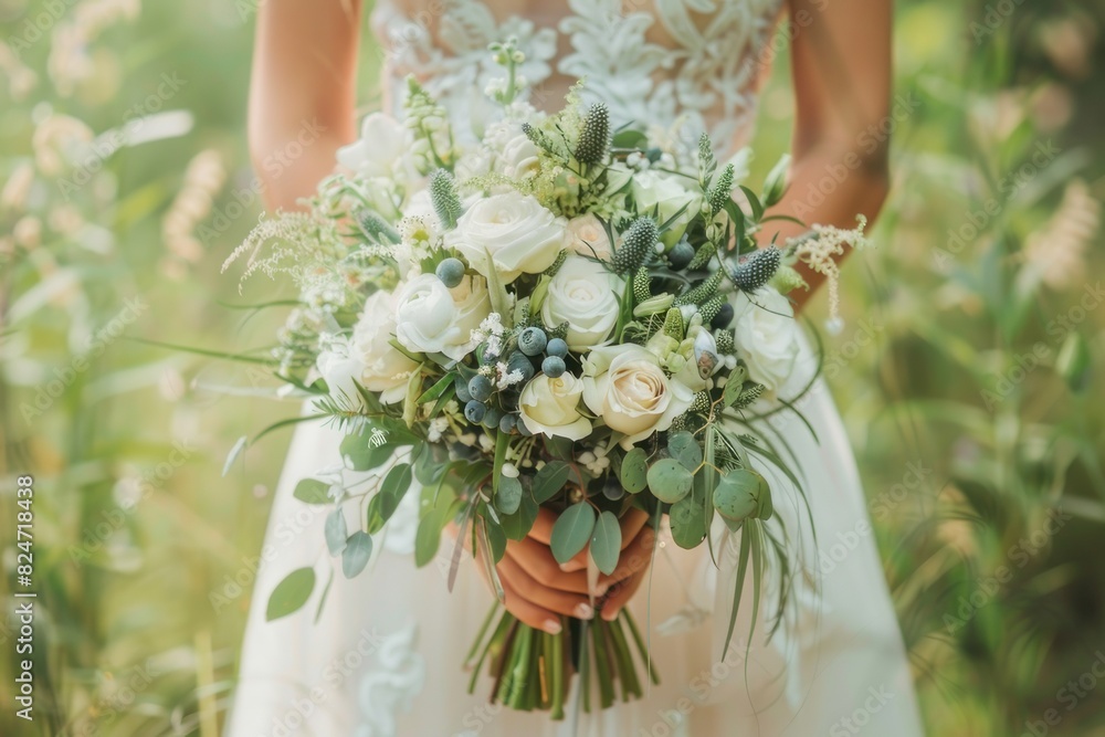 Close up of a woman holding a bouquet wearing a white wedding dress. Close up of a woman holding a bouquet wearing a white wedding dress.
