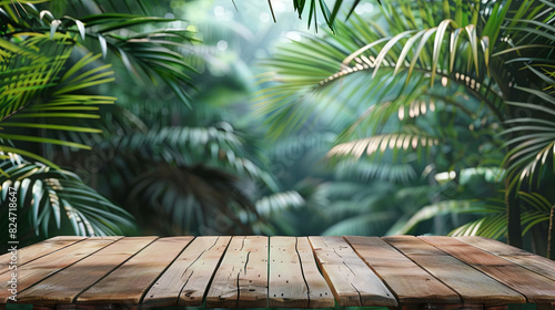 June 29 - International Day of the Tropics.  Tropical green background with empty tabletop in front for advertising your product. Exotic summer panoramic banner with copy space. Wooden bar counter. 