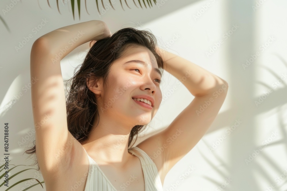 Young Asian woman with smooth underarms on white background. Young Asian woman with smooth underarms on white background.
