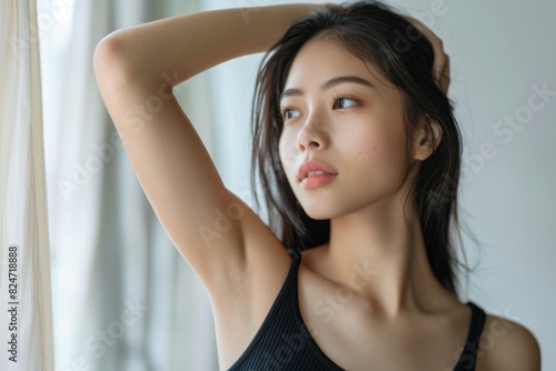 Young Asian woman with smooth underarms on white background. 