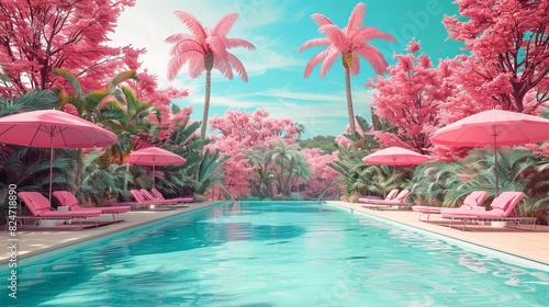 3D swimming pool scene  pink beach umbrella and chairs pink water park with colorful slides in summer vacation concept ai 3D render generative ai selective focus.