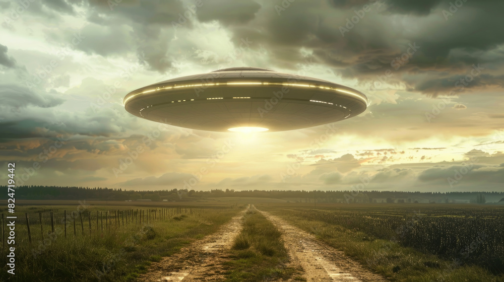 A massive extraterrestrial being floats in the air over a dusty road A massive extraterrestrial being floats in the air over a dusty road