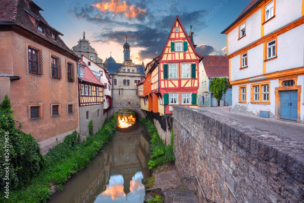 Marktbreit, Germany. Cityscape image of historical downtown of Marktbreit, Bavaria, Germany with traditional German architecture at spring sunset.