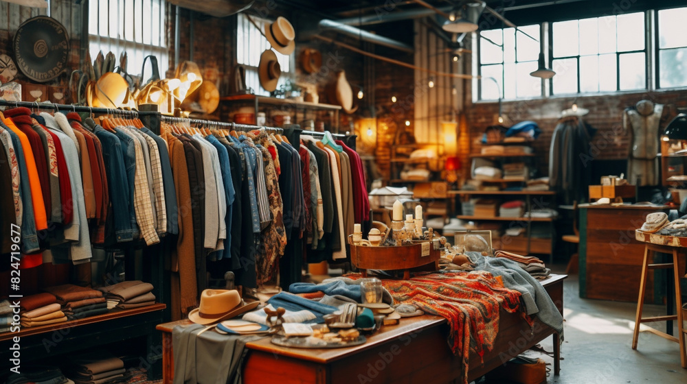 A thrift store interior showcasing a diverse array of vintage clothes and accessories, with warm wooden shelving and a cozy ambiance A thrift store interior showcasing a diverse array of vintage clothes and accessories, with warm wooden shelving and a cozy ambiance