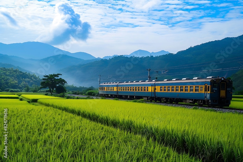 Train passes through rice fields. Beautiful landscape of paddy fields.