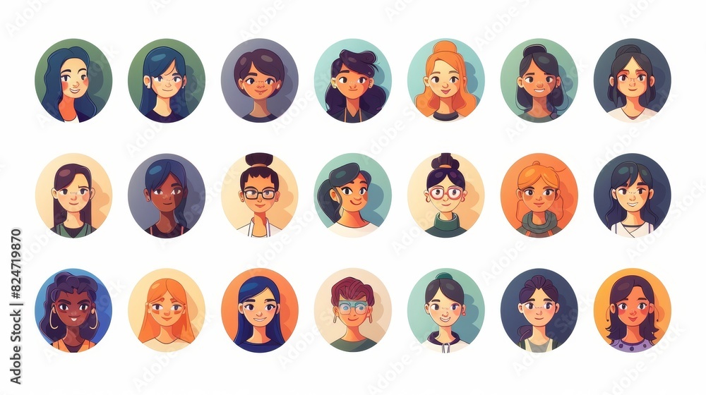 Women portrait avatar icon collection, a large set of female user faces. People profile flat cartoon modern illustration of a businesswoman with a sunny smile. Women portrait avatar icon collection, a large set of female user faces. People profile flat cartoon modern illustration of a businesswoman with a sunny smile.