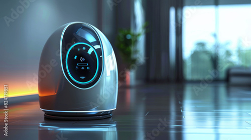 Design a sleek, futuristic smart home device, incorporating holographic interfaces and metallic finishes for a high-tech aesthetic. Generative AI. photo