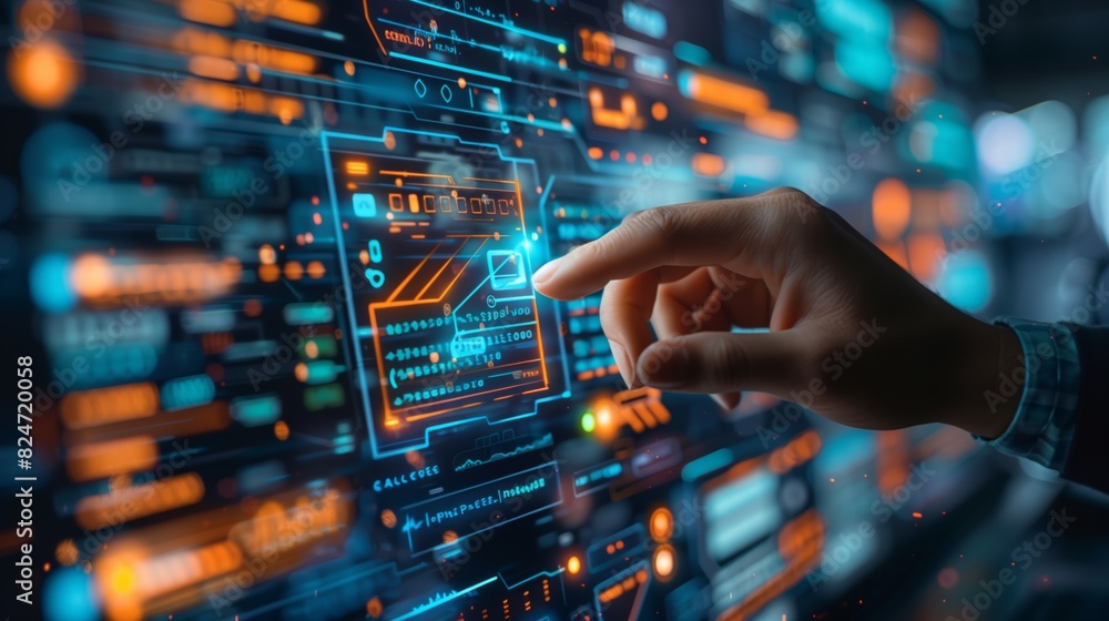 A hand interacting with a complex futuristic digital interface, showcasing advanced technology and data management systems. A hand interacting with a complex futuristic digital interface, showcasing advanced technology and data management systems.