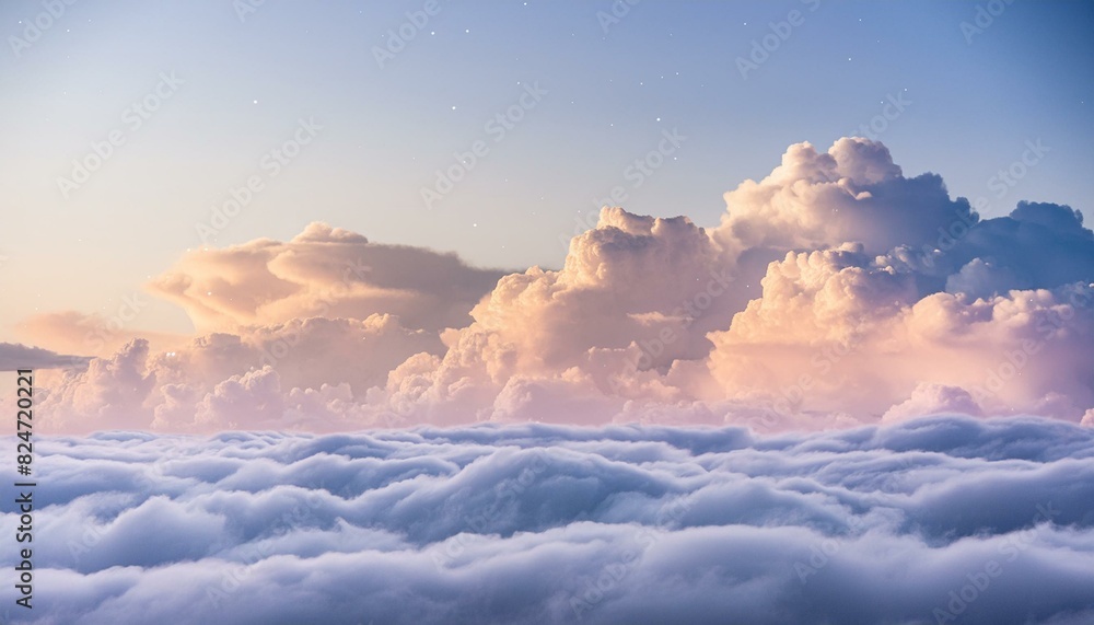 Obraz premium A heavenly sky full with etherial, misty fluffy clouds with sparkles. Clear, bright blues, purples, pinks.