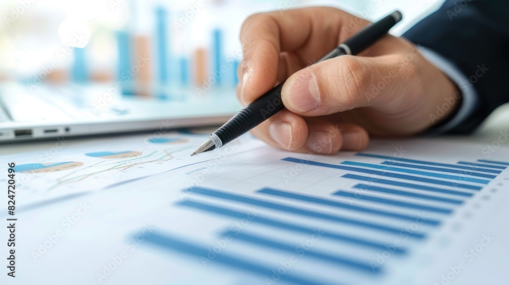 Close up of a businessman's hand holding a pen working with a financial chart and data on a desk in an office. Close up of a businessman's hand holding a pen working with a financial chart and data on a desk in an office.