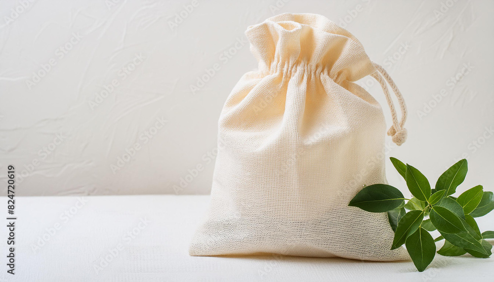 Small light beige pouch. Textile sack. Cloth eco bag. Mock-up. Copy space for your text. Close-up.