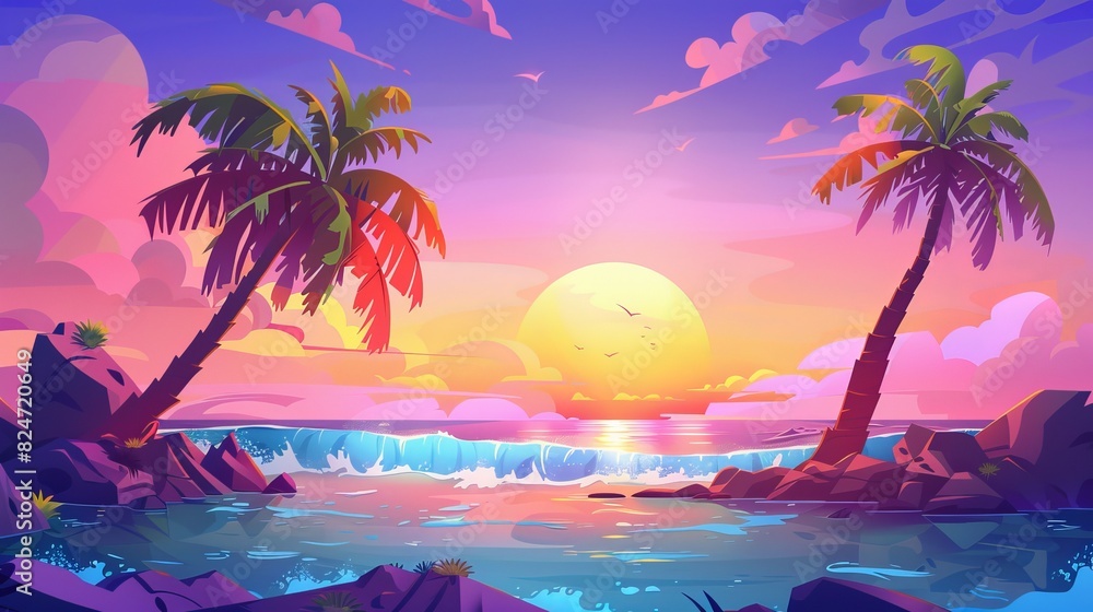Summer sunset on a tropical island with palm trees on the ocean shore. Modern cartoon illustration.