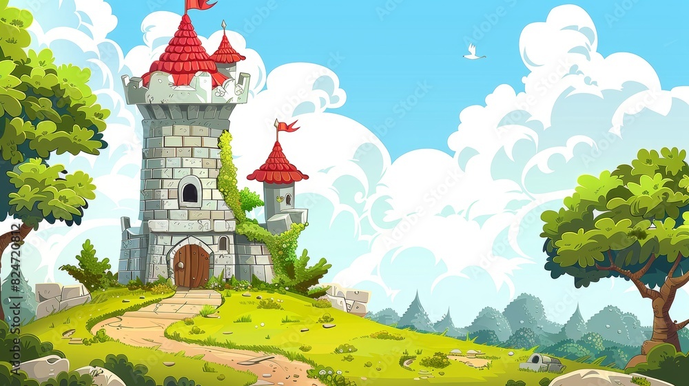 Cartoon illustration of castle tower with window open - illustration for children